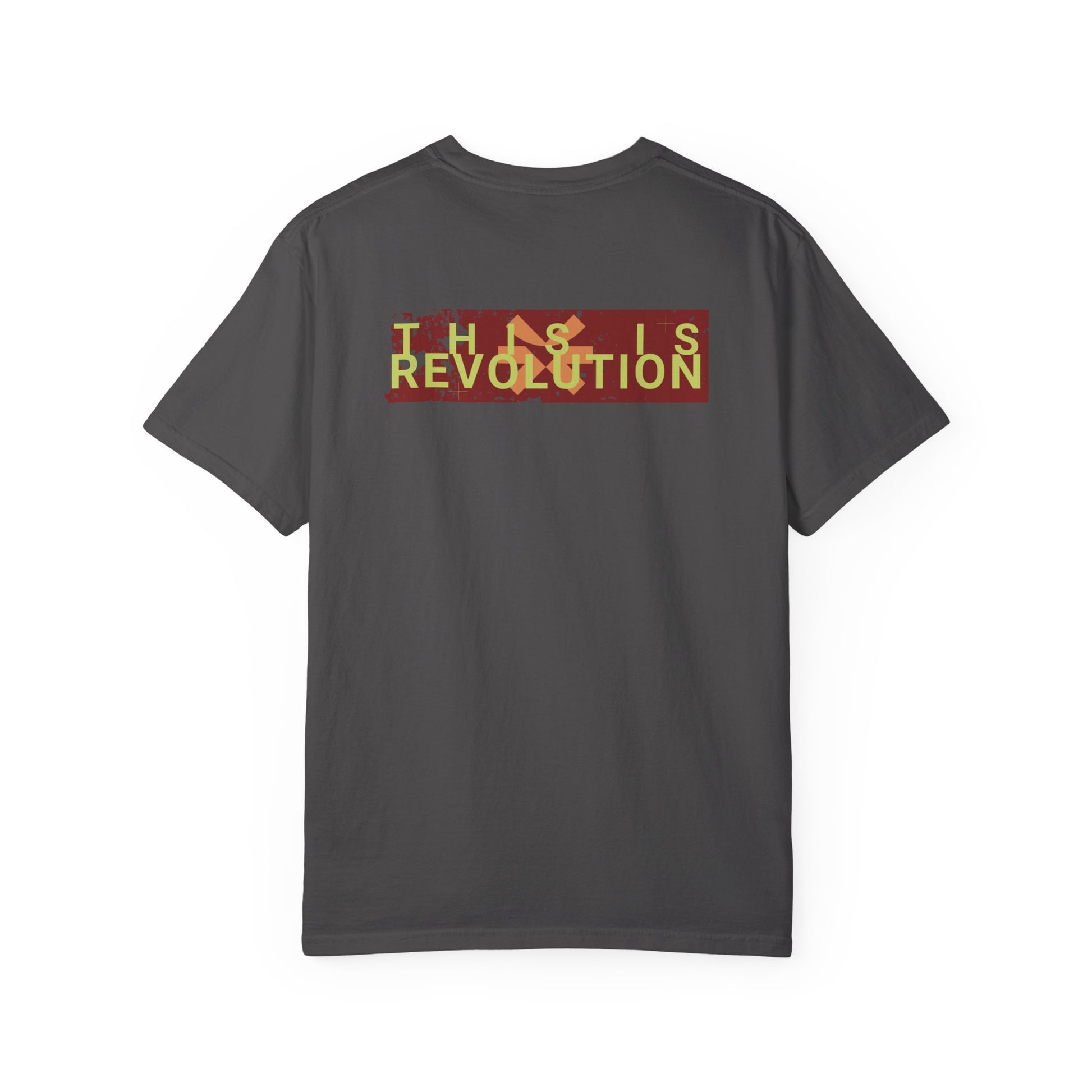 Gray t-shirt with 'This is Revolution' text on the back against a white background