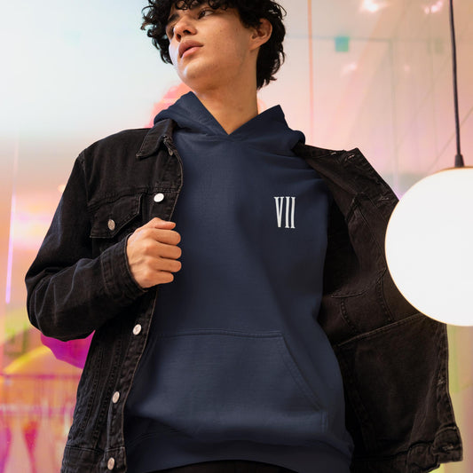 Model wearing a Final Fantasy VII inspired minimalist hoodie with subtle logo design