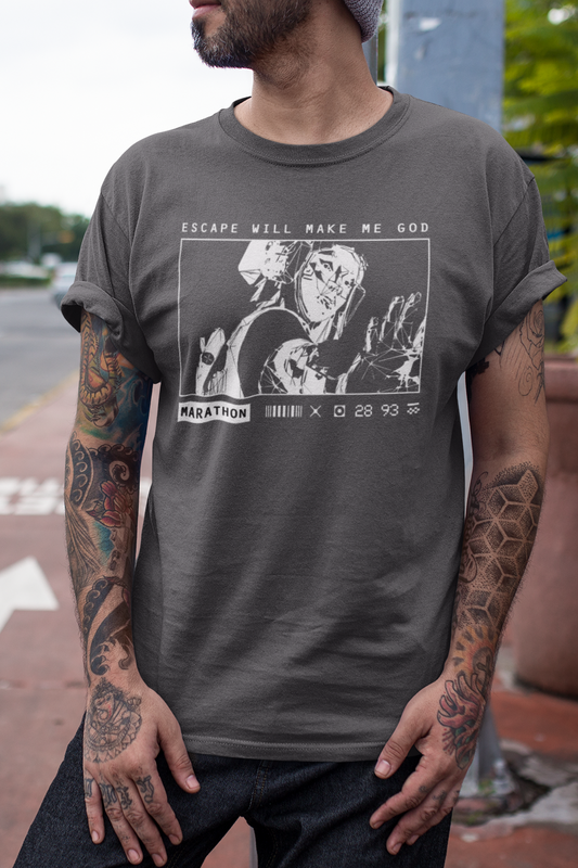 Man wearing a gray t-shirt with graphic design on a street background