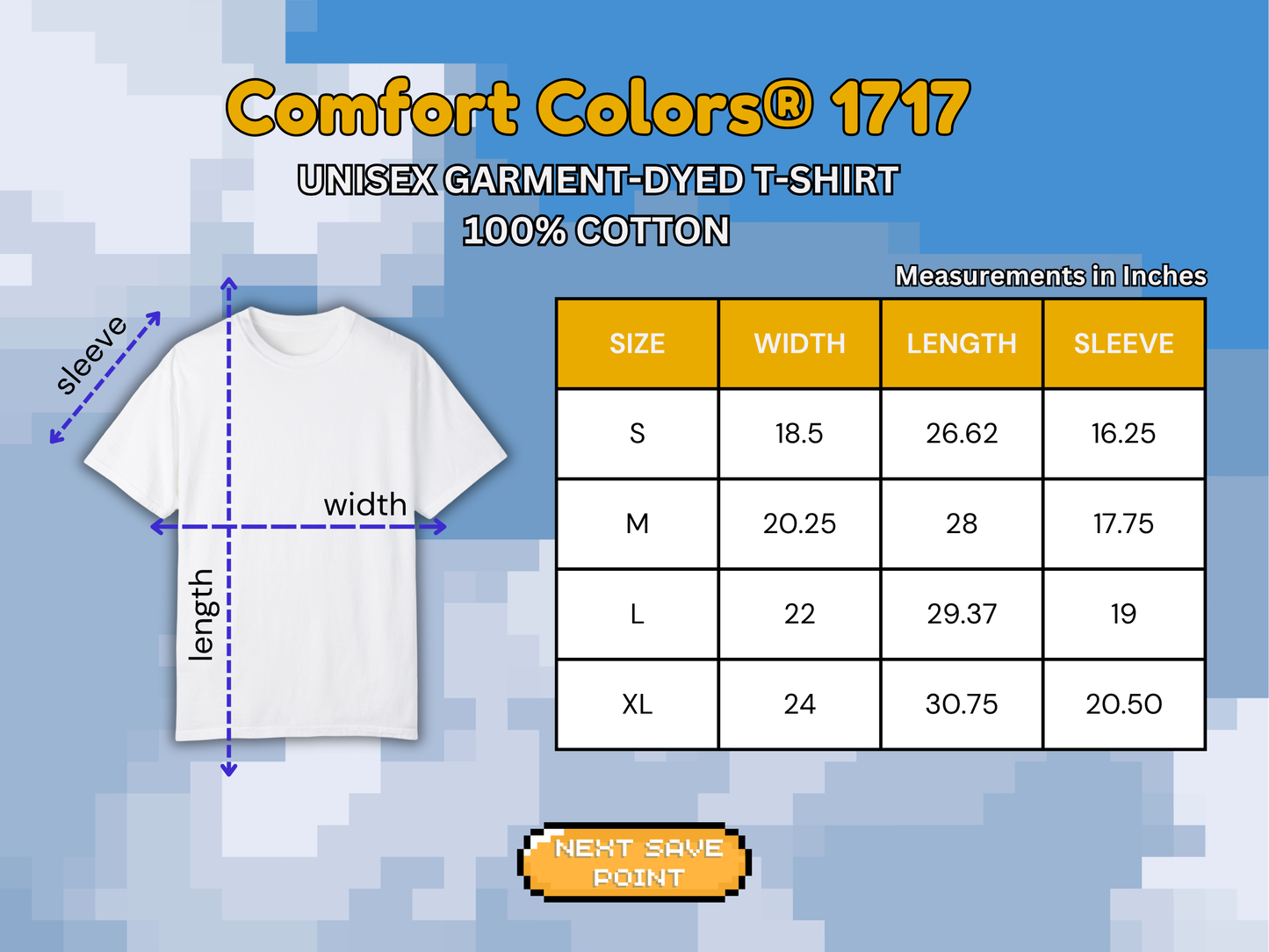 Measurement chart for Comfort Colors Unisex Garment-Dyed T-Shirt with size chart and dimensions.
