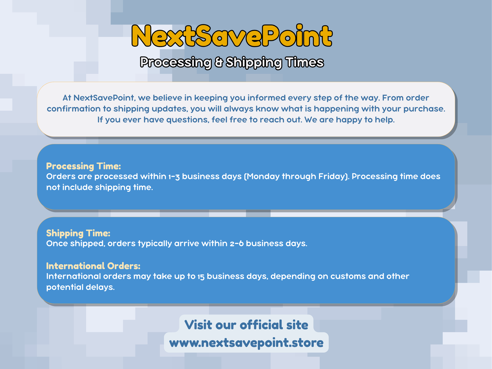 NextSavePoint information card about processing and shipping times on a blue gradient background