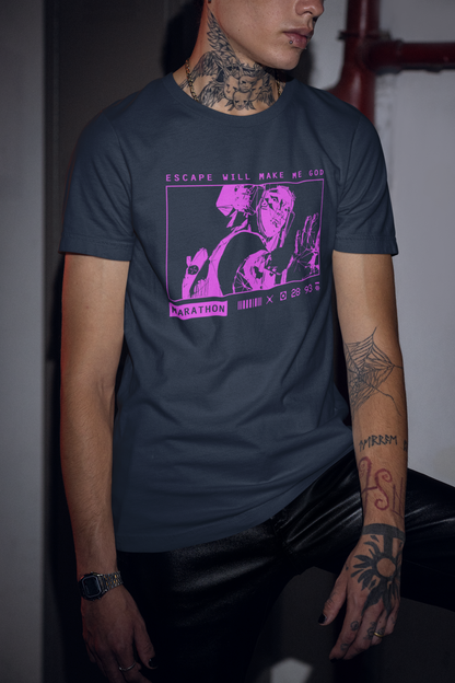 Marathon Bungie Vandal Navy Blue and Pink T-Shirt on Male Model