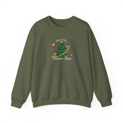 Olive green Stardew Valley Christmas sweatshirt with Winter Star festival design