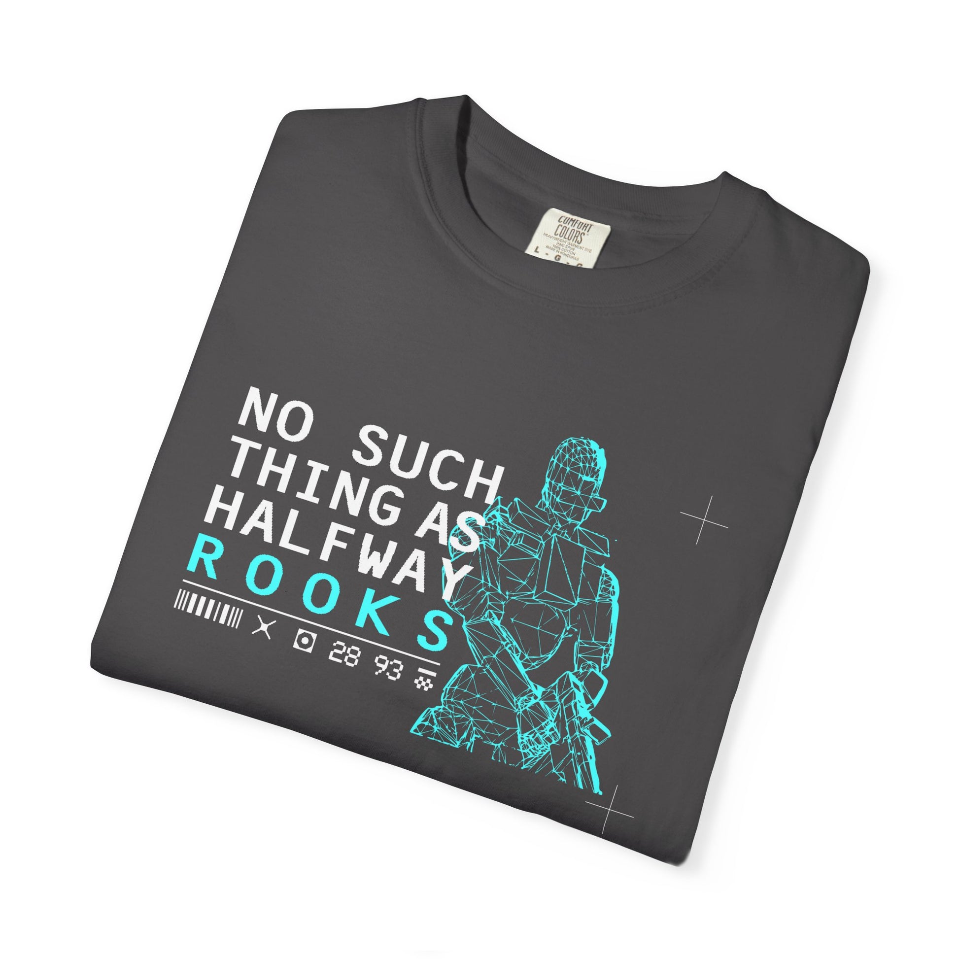 Folded dark gray t-shirt with robot graphic and text on a white background
