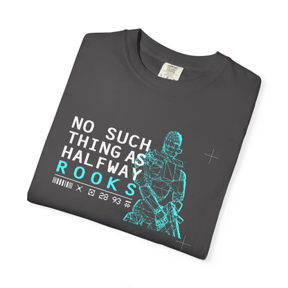 Folded dark gray t-shirt with robot graphic and text on a white background