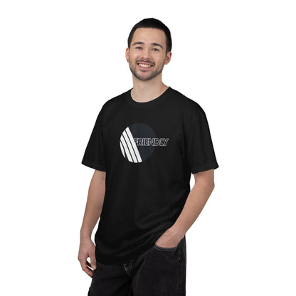 Model wearing black ARC Raiders Friendly minimal gamer t shirt front view