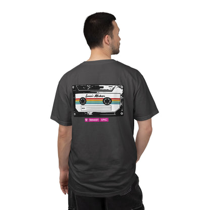 Arc Raiders merch shirt with full back cassette graphic from Lance’s Mixtape design on gray unisex tee