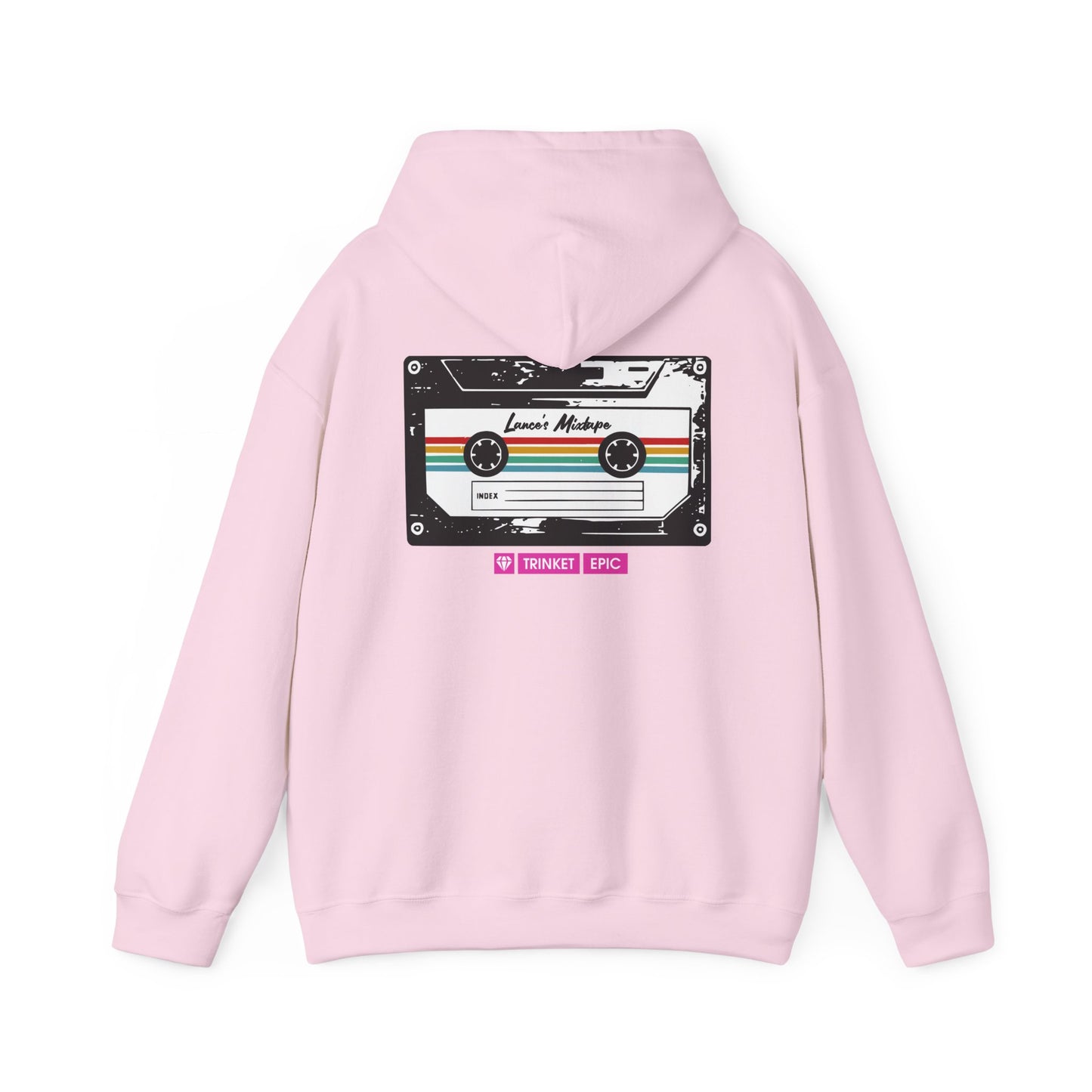 Back print mockup of pink Arc Raiders hoodie showcasing cassette artwork