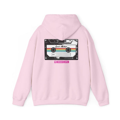 Back print mockup of pink Arc Raiders hoodie showcasing cassette artwork