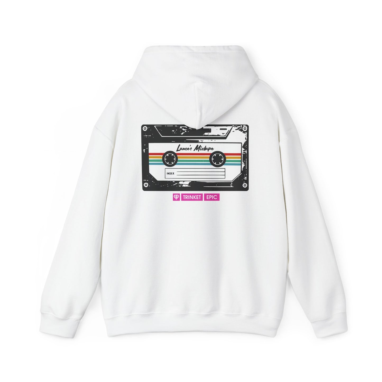 Unisex white hoodie showing detailed cassette artwork on back