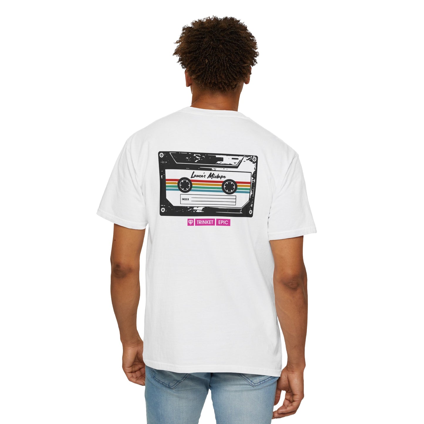 Back view of Arc Raiders Lance’s Mixtape t-shirt showing cassette-style back graphic on white cotton tee