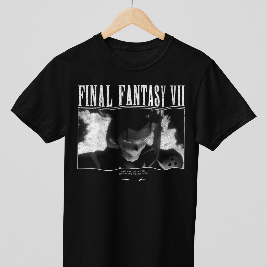 Final Fantasy VII Sephiroth Nibelheim scene black retro t-shirt front view distressed graphic