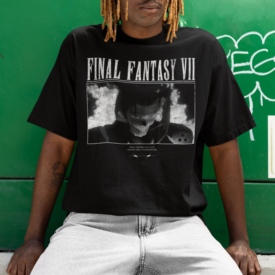 Male model wearing black Final Fantasy VII Sephiroth Nibelheim scene retro graphic t-shirt