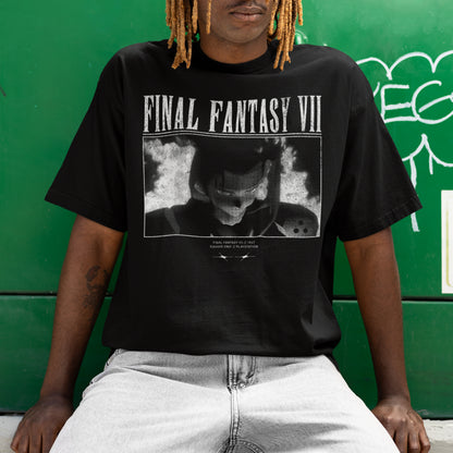 Male model wearing black Final Fantasy VII Sephiroth Nibelheim scene retro graphic t-shirt