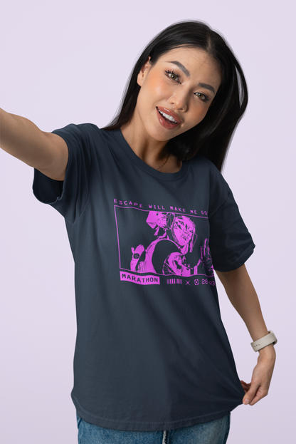 Marathon Bungie Vandal Navy Blue and Pink T-Shirt on Female Model
