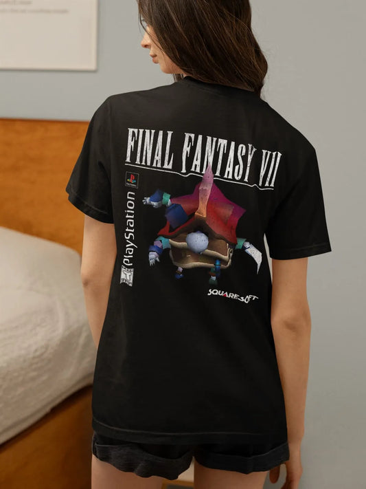 Back view of black Final Fantasy VII inspired Hell House vintage t-shirt with distressed graphic