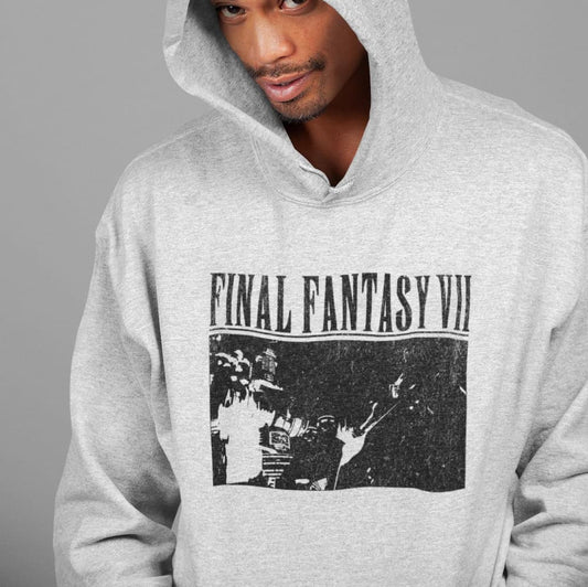 Male model wearing Final Fantasy VII Cloud Shinra HQ hoodie with vintage distressed scene graphic