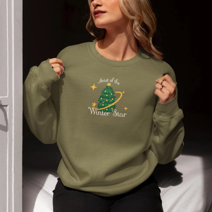 Model wearing green Stardew Valley Christmas sweater inspired by Feast of the Winter Star