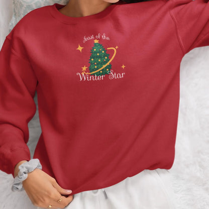Red Stardew Valley Christmas sweatshirt worn casually with winter festival artwork