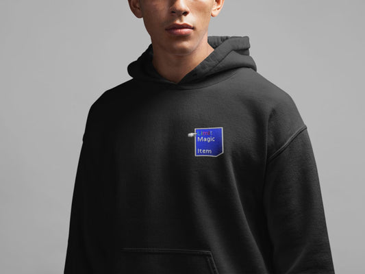 Model wearing black Final Fantasy VII inspired Limit Break hoodie with OG battle menu graphic